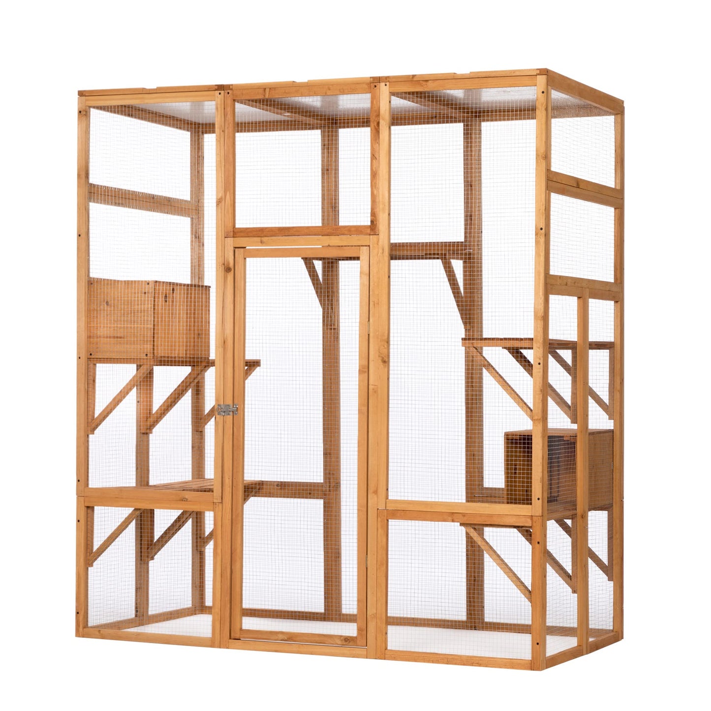 OELUBBY Large Cat Enclosure Wooden Cage Catio Pet Outdoor Playhouse Run House with Hiding Boxes and Solar Top, Pet Kennel Playpen with Jumping Activity Platforms 63'' x 33'' x 70'', Orange - WoodArtSupply