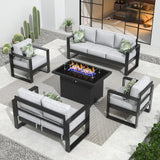 Vakollia Outdoor Aluminum Furniture Set with Fire Pit Table - 5 Pieces Modern Patio Conversation Sets Metal Sectional Sofa Set Vakollia