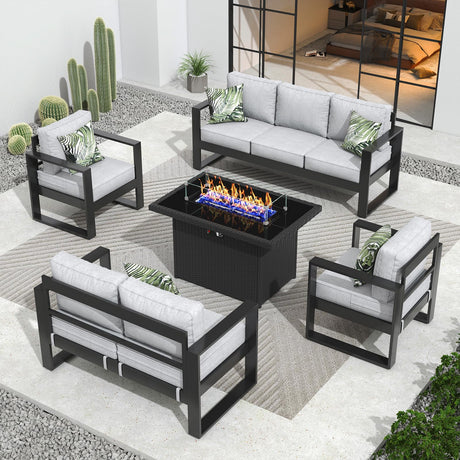 Vakollia Outdoor Aluminum Furniture Set with Fire Pit Table - 5 Pieces Modern Patio Conversation Sets Metal Sectional Sofa Set Vakollia