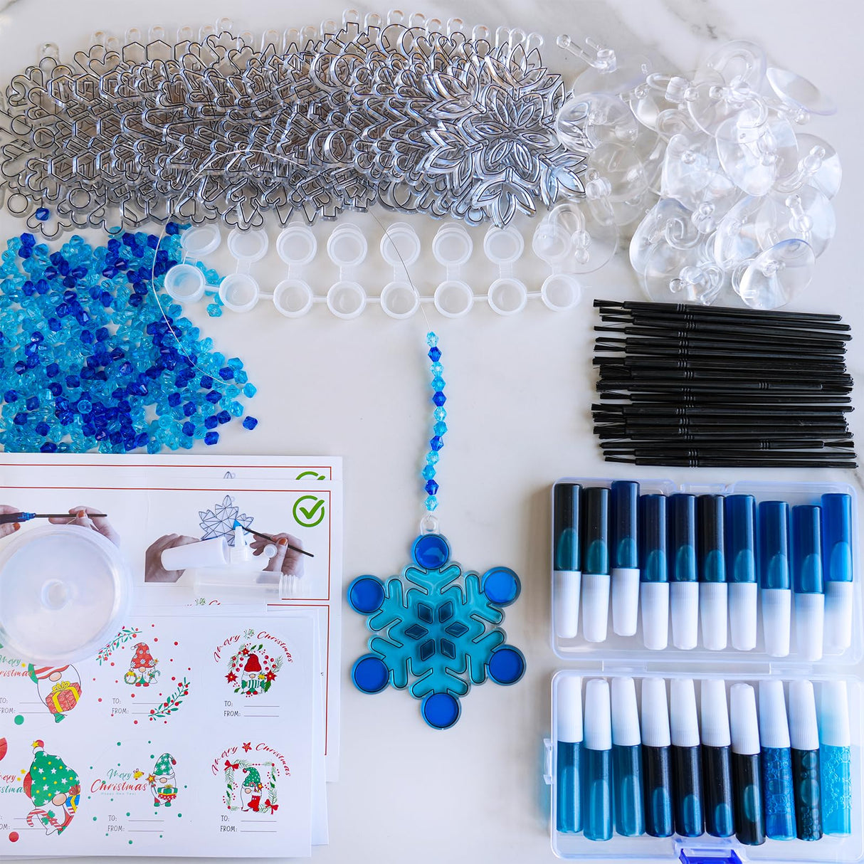 Winlyn 24 Sets Snowflake Suncatchers Ornaments Decorations DIY Window Paint Art Suncatchers Christmas Craft Kits Hanging Snowflake Sun Catchers for Kids Christmas Winter Home Classroom Party Activity Winlyn