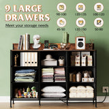 WLIVE Dresser TV Stand for 50, 55 inch, Led Chest of Drawers for Bedroom, Rustic Brown Dresser for Bedroom with LED Lights and Charging Station, 9 Fabric Drawers, Wood Top, Living Room, Closet WLIVE