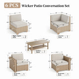 Patio Furniture Set 6 Piece, Wicker Rattan Sectional Sofa Couch with 5.5" Thick Waterproof Cushion and Coffee Table, L Shape All Weather Outdoor Conversation Set for Lawn Backyard Deck, Beige SUNSHINE VALLEY