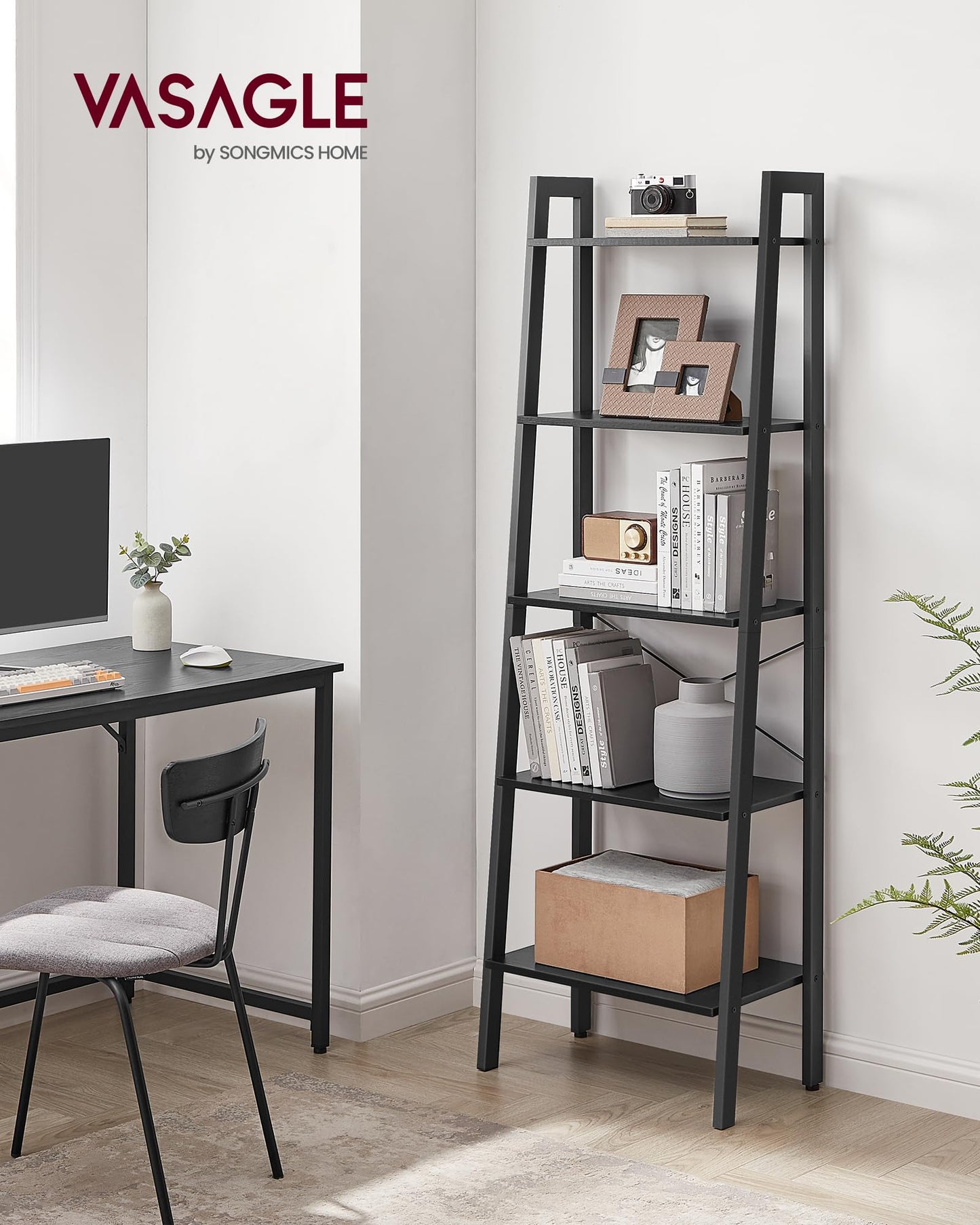 VASAGLE Ladder Shelf, 5-Tier Bookshelf, Storage Rack, Bookcase with Steel Frame, for Living Room, Home Office, Kitchen, Bedroom, Industrial Style, Ebony Black and Black ULLS045B56