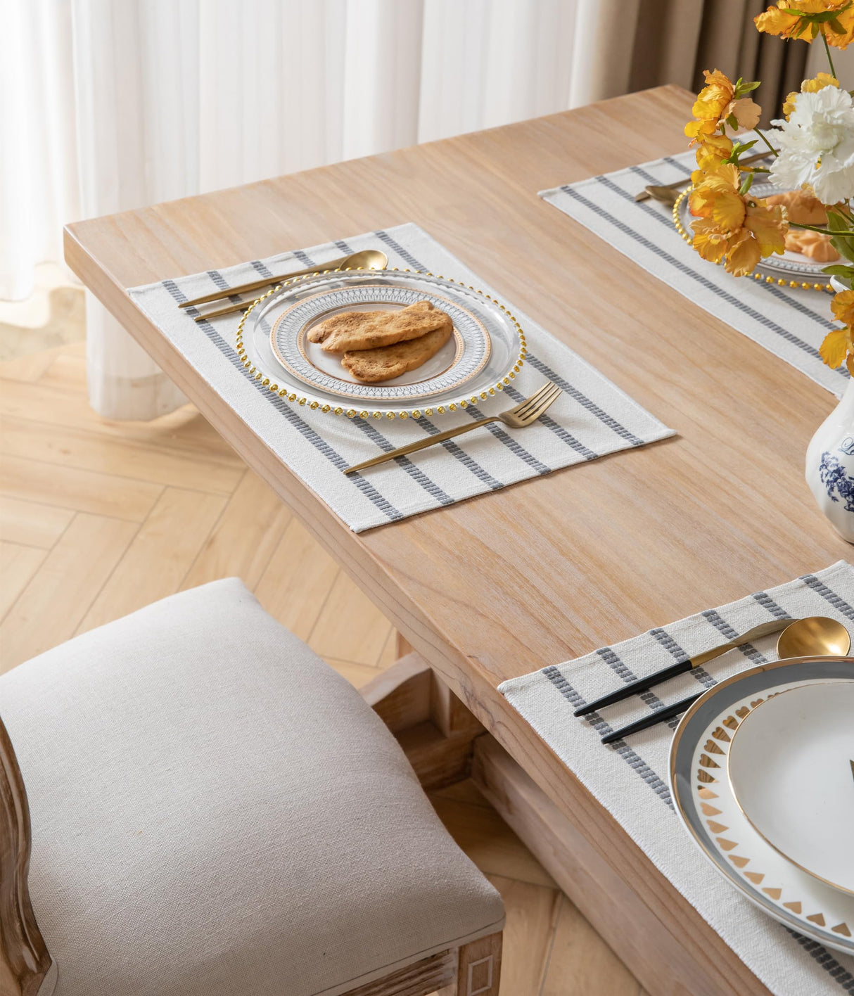 Caflife Boho Farmhouse Placemats Set of 6, Grey Stripes Cotton Linen Woven Table Mats for Modern Dining Table, 13x19 Inch Rustic Kitchen Decor Place Mats Caflife