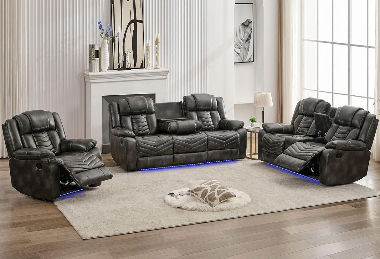 Manual Recliner Sofa Set 3 Piece with Wireless Charger for Living Room,Leather 3 Seater Reclining Couch with Bass Speakers and Loveseat Theater Seating,Home Electric Recliner Chair with LED Light,Grey Comfort Stretch