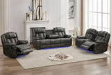 Manual Recliner Sofa Set 3 Piece with Wireless Charger for Living Room,Leather 3 Seater Reclining Couch with Bass Speakers and Loveseat Theater Seating,Home Electric Recliner Chair with LED Light,Grey Comfort Stretch