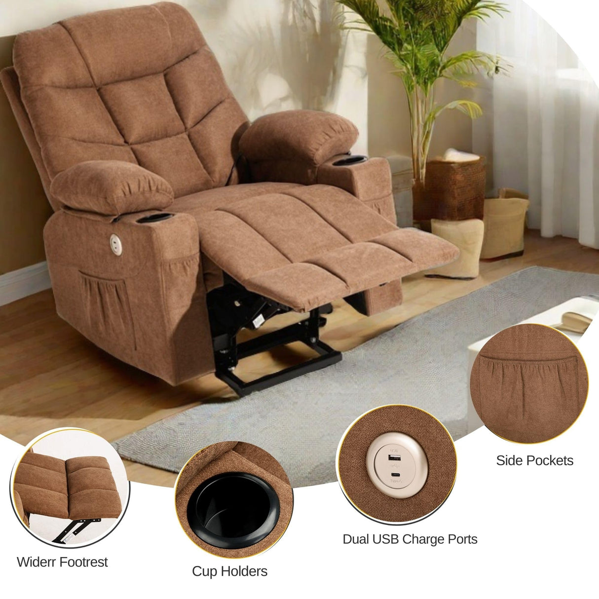 YITAHOME Electric Power Lift Recliner Chair for Elderly, Fabric Recliner Chair with Massage and Heat, Spacious Seat, USB Ports, Cup Holders, Side Pockets, Remote Control (Brown) YITAHOME