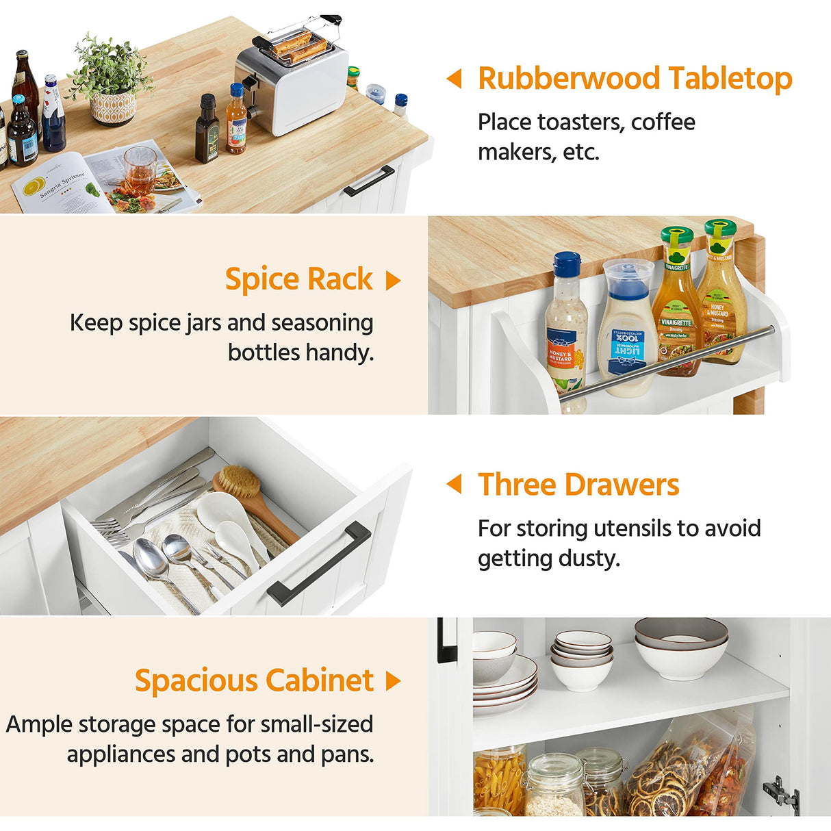 Yaheetech Kitchen Island with Drop-Leaf Breakfast Bar, 53" Width Kitchen Cart on 5 Universal Wheels with Rubberwood Top, Storage Cabinet, 3 Drawers, and Spice Rack for Dining Room, White Yaheetech