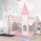 Merax Twin Size Loft Bed Low Bunk Bed, Castle Shaped Wood Bed Frames with Safety Guardrails for Boys or Girls, Pink Merax