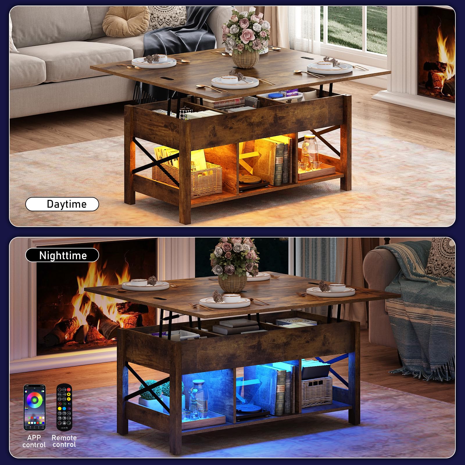 Hlivelood Lift Top Coffee Table, 4 in 1 Living Room Multi-Function LED Table with Charging Station&LED Lights, Farmhouse Convertible Lift Center Table w/Storage and Hidden Compartment, Rustic - WoodArtSupply