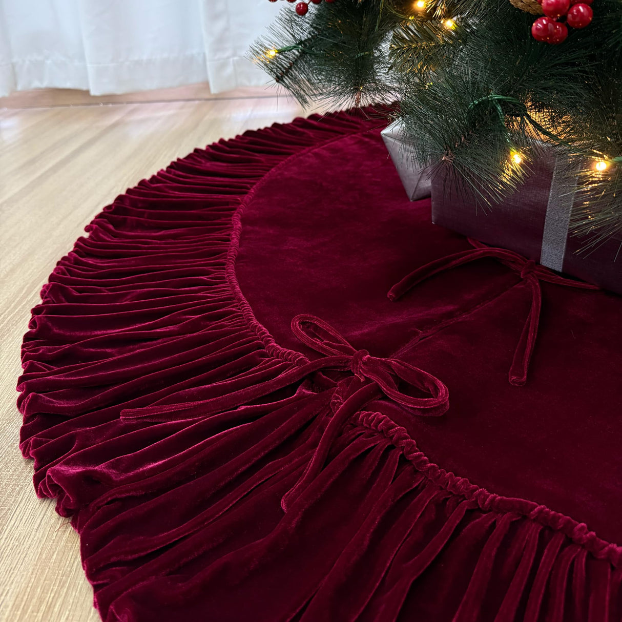 72-Inch Ruffled Velvet Christmas Tree Skirt, Thick Foam-Lined Heavy Duty Fabric with Plush Lace Ties, Wine Red Starry Dynamo