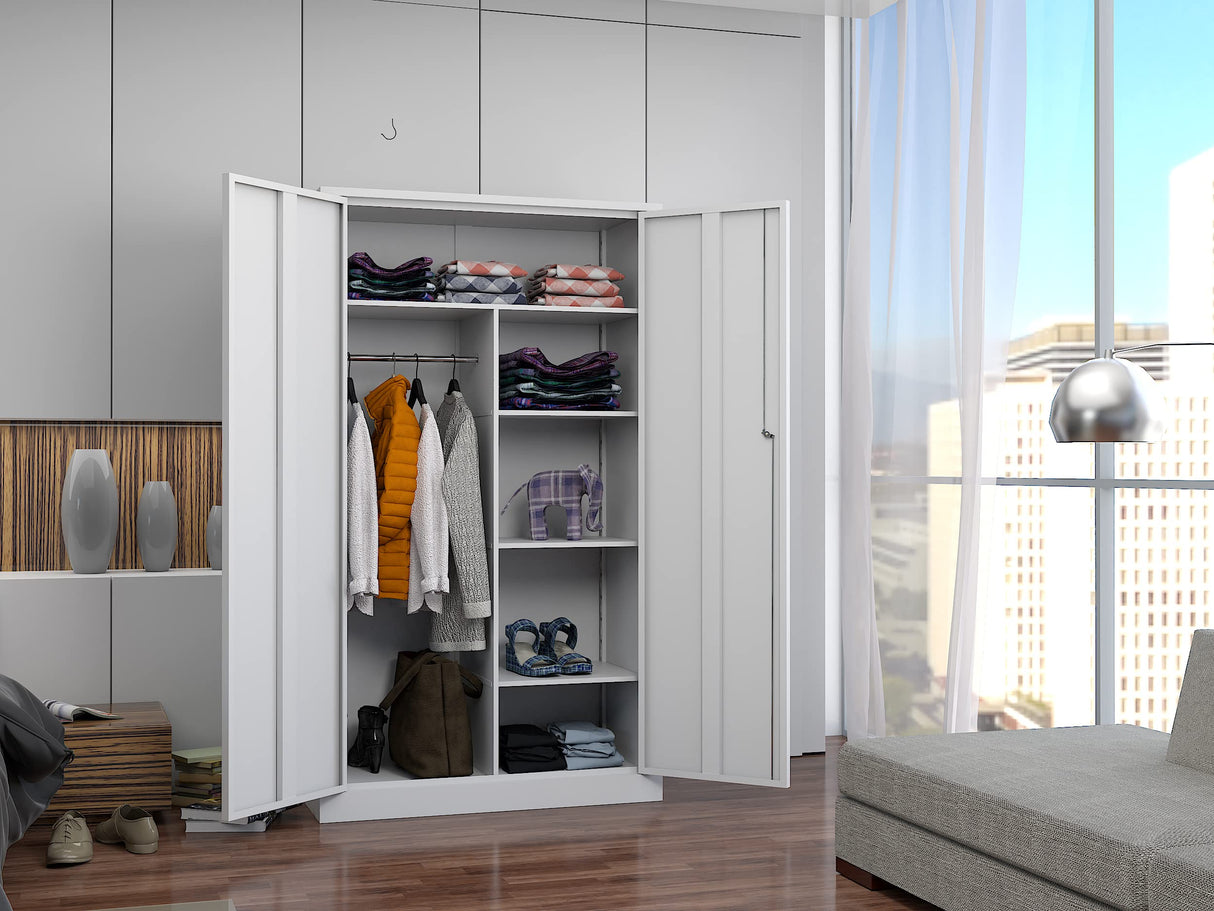 BYNSOE Metal Storage Locker Cabinet, Metal Locker 72” White Tall Steel Wardrobe, Employees Locker with Hanging Rod Shelves and Lockable Doors for Home,School,Office-Assembly Required (White-Style 3) BYNSOE