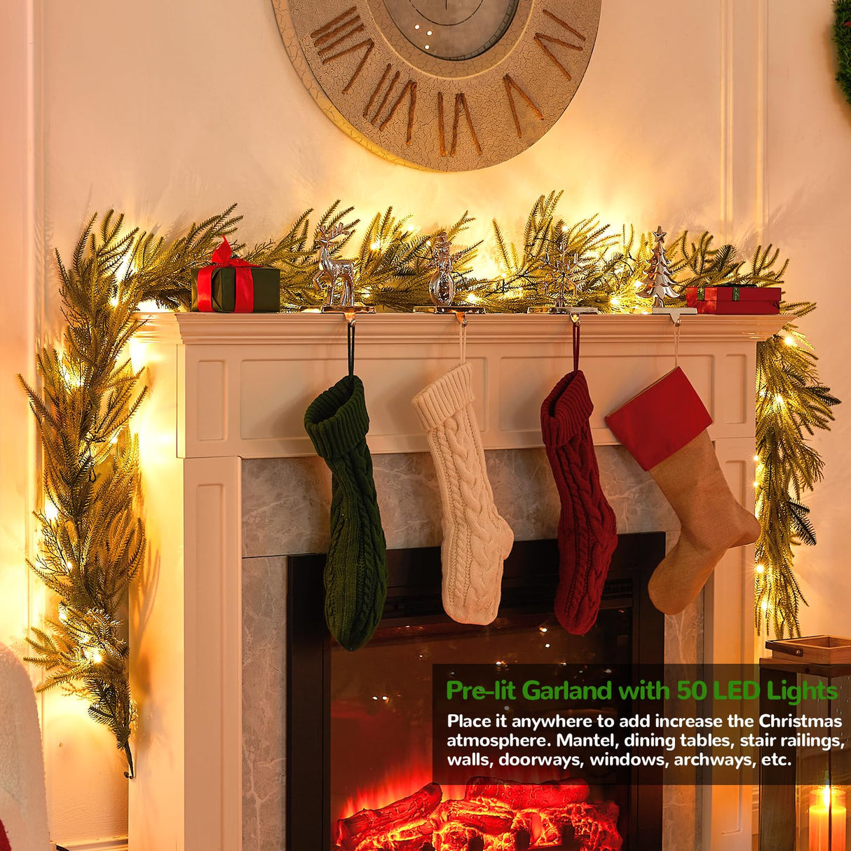 EXKRAEFT Christmas Pine Garland with Lights for Decorations 9FT Artificial Norfolk Pine Garland Realistic, Prelit Garland Lighted Christmas Garland for Mantle Christmas Garland Battery Operated EXKRAEFT