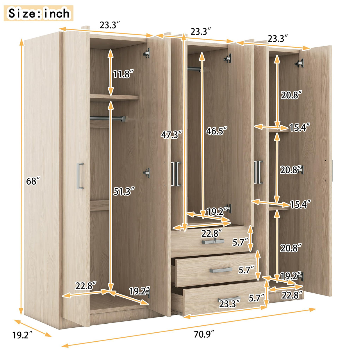 6 Door Armoire Wardrobe Closet with Big 3 Drawers, Wooden Freestanding Bathroom Armoire Cabinet with Shelves and Hanging Rod, Clothes Storage Organizer for Bedroom, Guest Room (Brown) BEDGJH