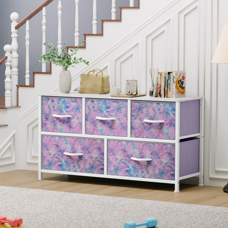 YITAHOME Wide Storage Tower with 5 Drawers - Fabric Dresser, Organizer Unit for Bedroom, Living Room, Closets - Sturdy Steel Frame, Easy Pull Fabric Bins & Wooden Top YITAHOME