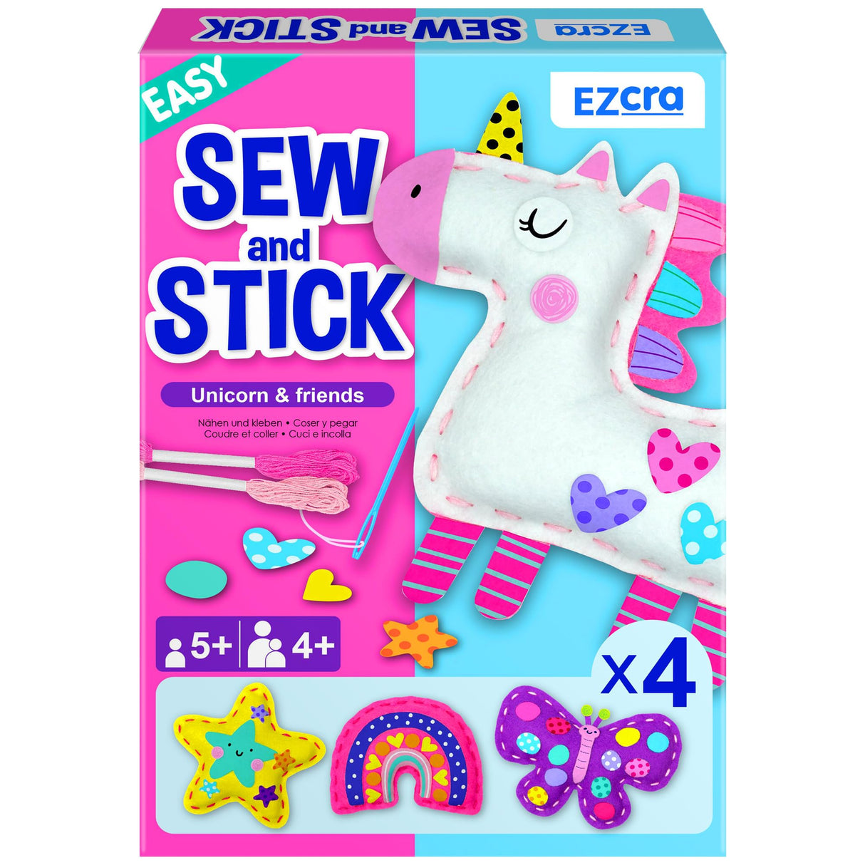 EZCRA Easy Arts and Crafts for Kids - No Mess Sewing Kit for Kids - 4 Easy to Do Unicorn Sewing Projects - Fun Felt Stickers - Tools with Instruction - Gifts for Girls Age 4,5,6,7,8 EZCRA