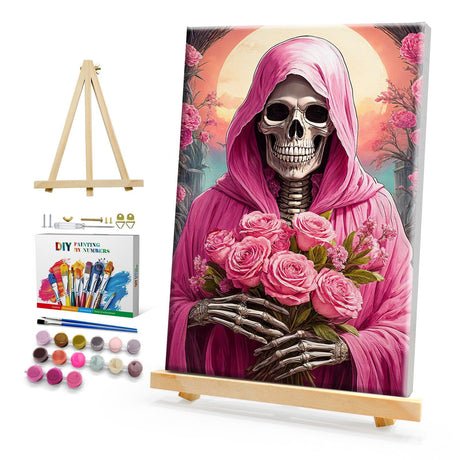 HeeBenor Skeleton Paint by Numbers Kit for Adults with Frame, Rose Skull Paint by Number with Easel, DIY Easy Adult Paint by Number Kits on Canvas Framed 8x12 Inch for Home Wall Decor HeeBenor