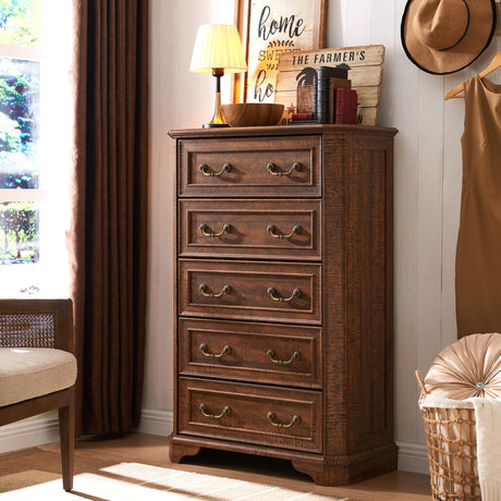 T4TREAM Farmhouse 5 Drawers Dresser for Bedroom, 48" Tall Wood Rustic Chest of Drawers with Natural Texture, Vintage Design, Storage Dressers Organizer for Bedroom, Living Room, Reclaimed Barnwood T4TREAM