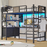 Loft Bed Twin Size with Desk and 5 Storage Drawers, Twin Loft Bed with LED Lights and Charging Station, Metal Bunk Bed Frame with Ladder, Clothes Rail,Noise Free for Small Bedroom,Oak Gray Dnxao