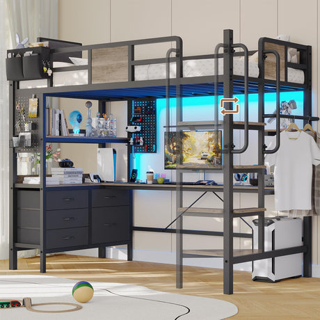 Loft Bed Twin Size with Desk and 5 Storage Drawers, Twin Loft Bed with LED Lights and Charging Station, Metal Bunk Bed Frame with Ladder, Clothes Rail,Noise Free for Small Bedroom,Oak Gray Dnxao