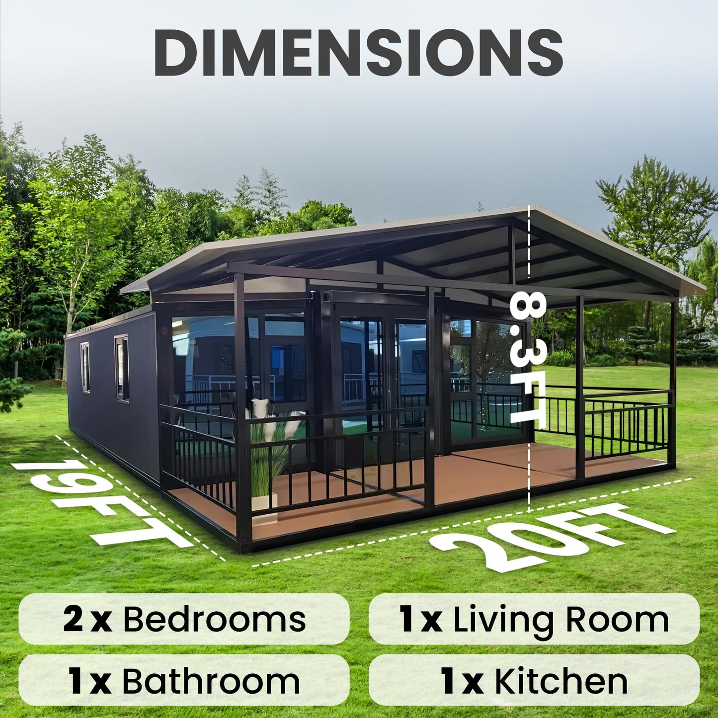 19/20 Prefabricated Tiny Luxurious Home, Expandable Container House with Living1 Room Bedrooms Kitchen & Restroom, Suitable for Indoor and Outdoor Purpose (Balcony Style)