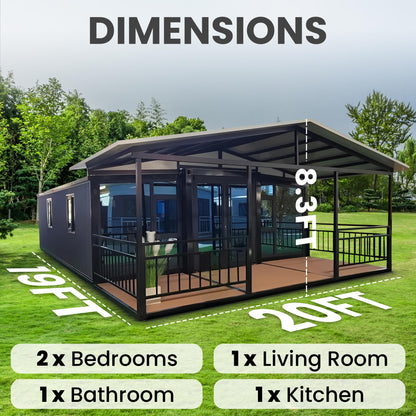 19/20 Prefabricated Tiny Luxurious Home, Expandable Container House with Living1 Room Bedrooms Kitchen & Restroom, Suitable for Indoor and Outdoor Purpose (Balcony Style)