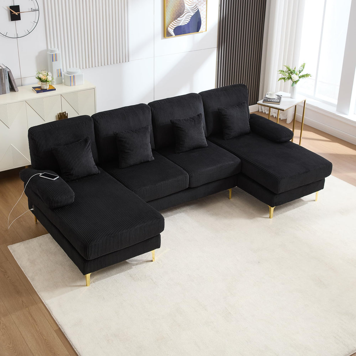 VYNELITO U Shaped Sectional Sofa Couch, 4 Seat Sofa with Double Chaise Lounge for Living Room, 104" Comfy Corduroy Couch with USB and Lights, Black Corduroy VYNELITO
