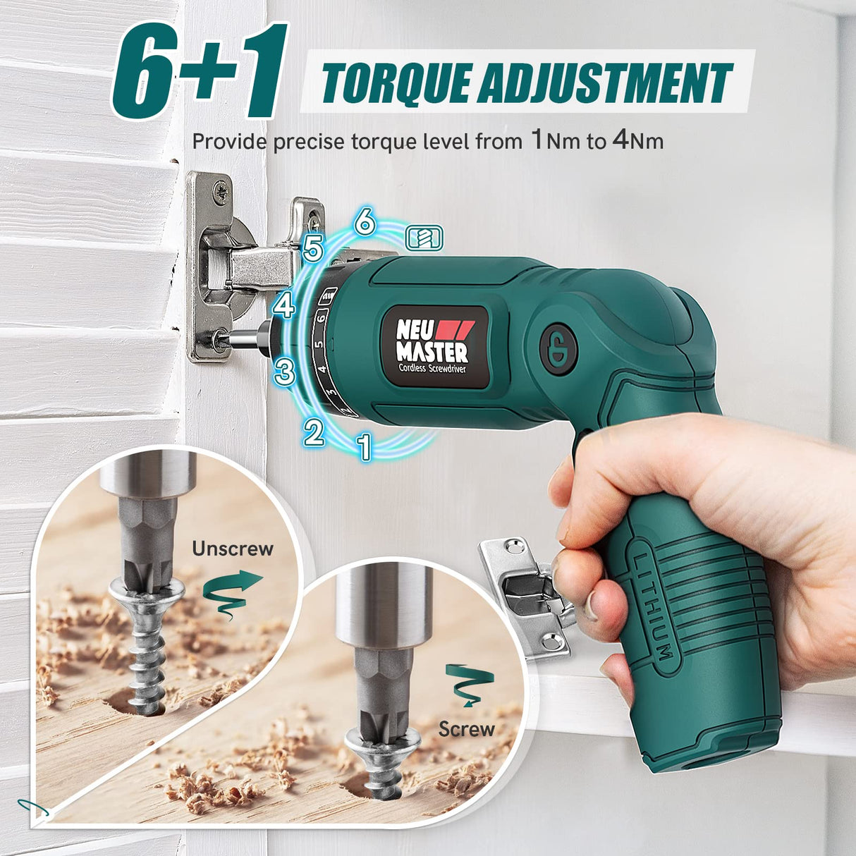 NEU MASTER Cordless Screwdriver, 4V Electric Screwdriver Rechargeable Power Screwdriver With Pivoting Handle, Front And Rear LED Light, 32pcs Bits, 6+1 Torque Setting, 2000 mAh Battery Screwdriver NEU MASTER