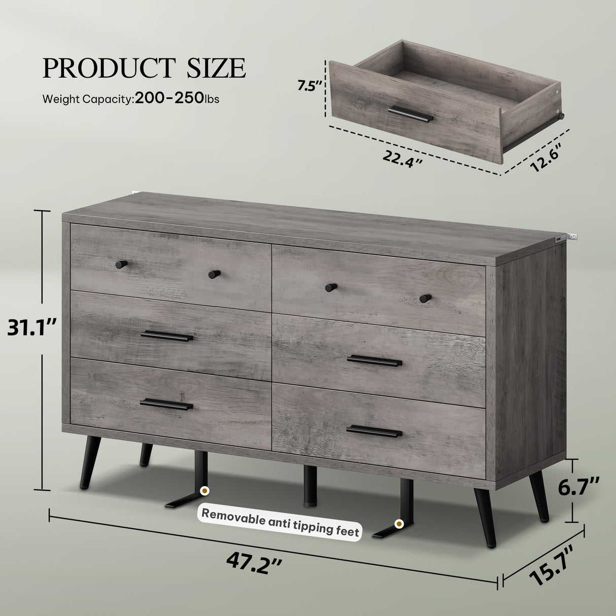 YITAHOME Grey Dresser TV Stand for 55 Inch TV/6 Drawer Dresser Entertainment Center/Console Table with Black Metal Handles & Anti-Tipping Device for Living Room/Bedroom YITAHOME