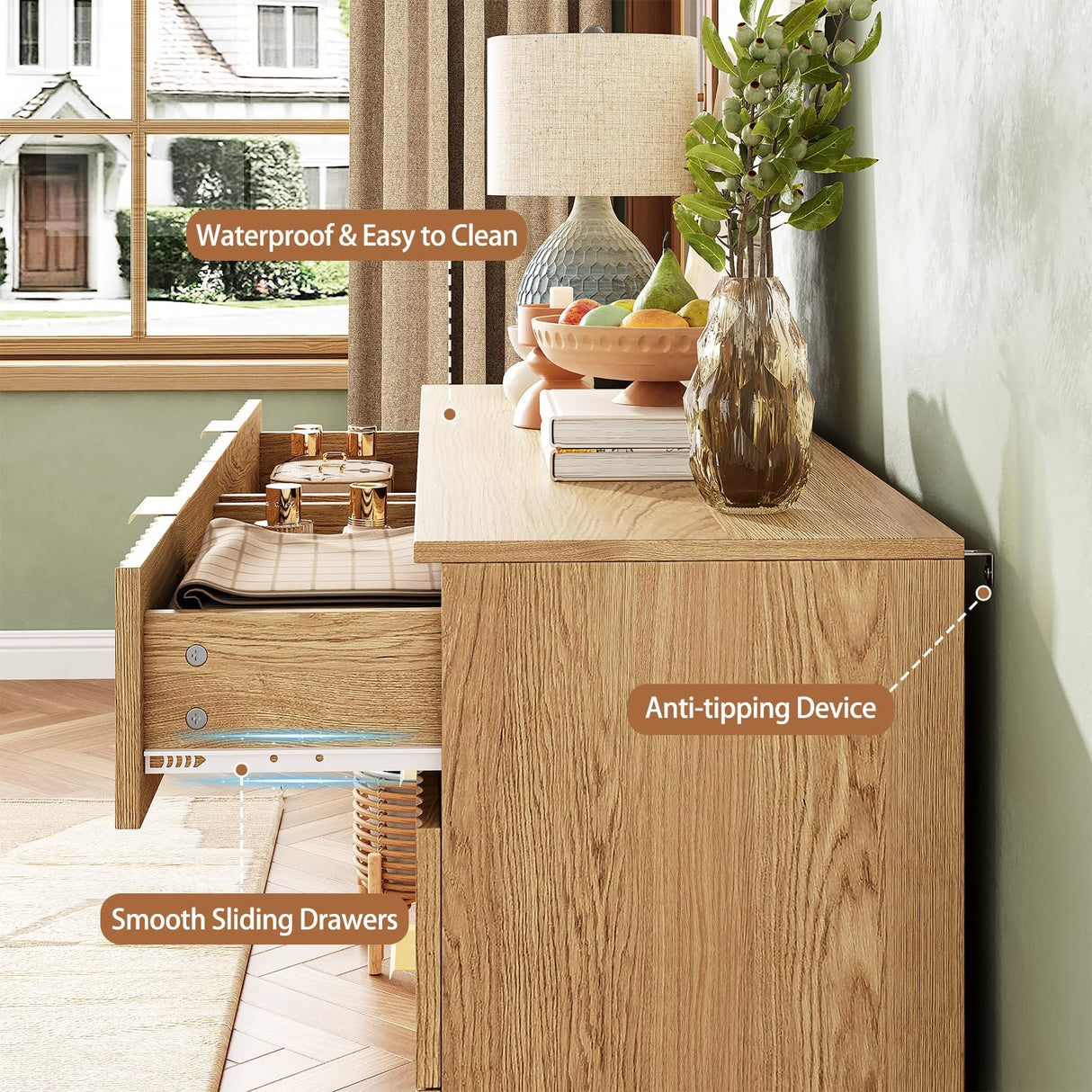 NDOHCUO Fluted 8 Drawer Dresser for Bedroom,47.2''W Modern Dresser for Closet with Metal Handle, Wooden Chest of Drawers for Bedroom, Living Room, Hallway, Natural NDOHCUO