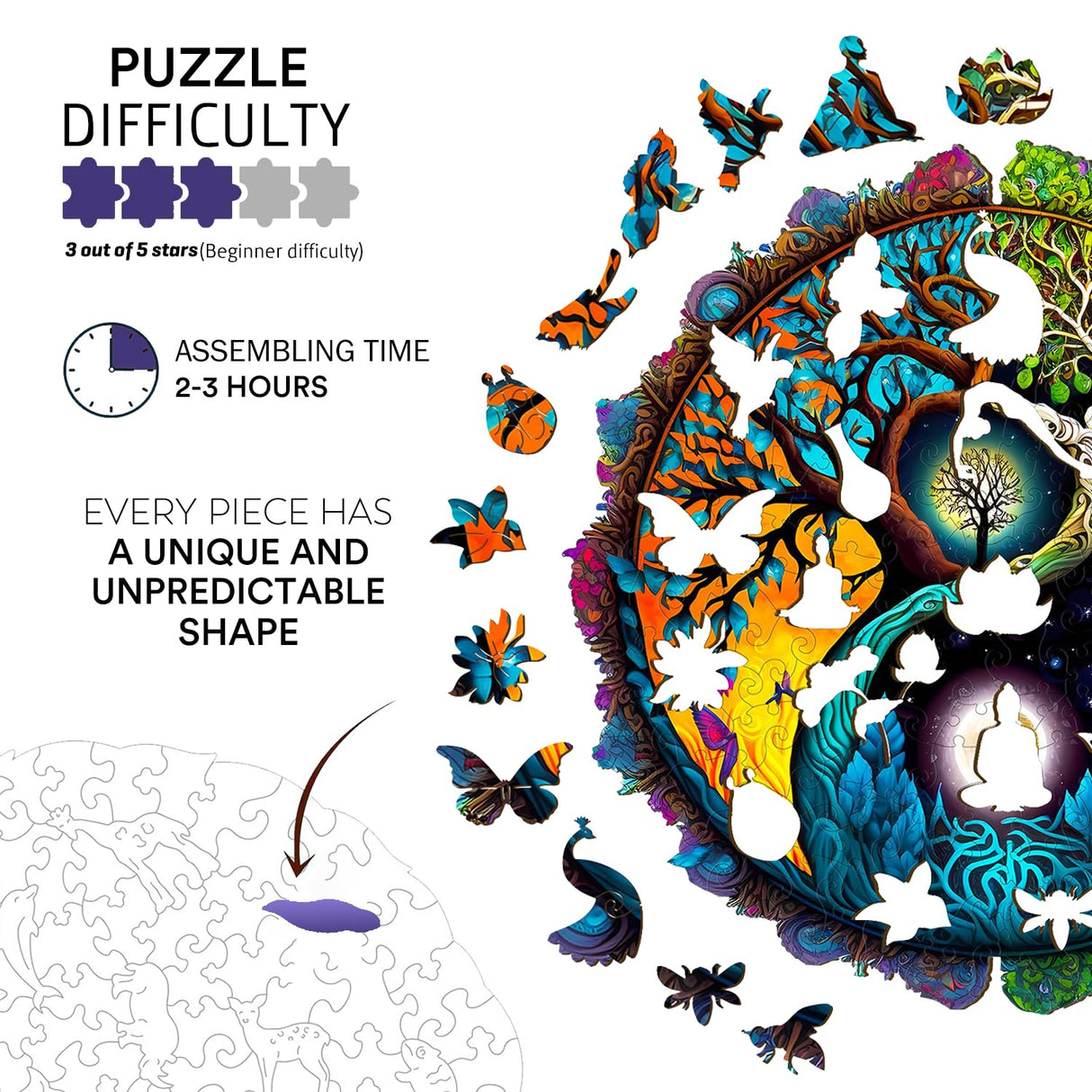 JIGFOXY Wooden Puzzle for Adults, Tree of Life Wooden Jigsaw Puzzles, Unique Zen Shape Puzzles, Christmas Thanksgiving Gifts for Family Friend(S-7.9 * 7.9in-100psc) Jigfoxy