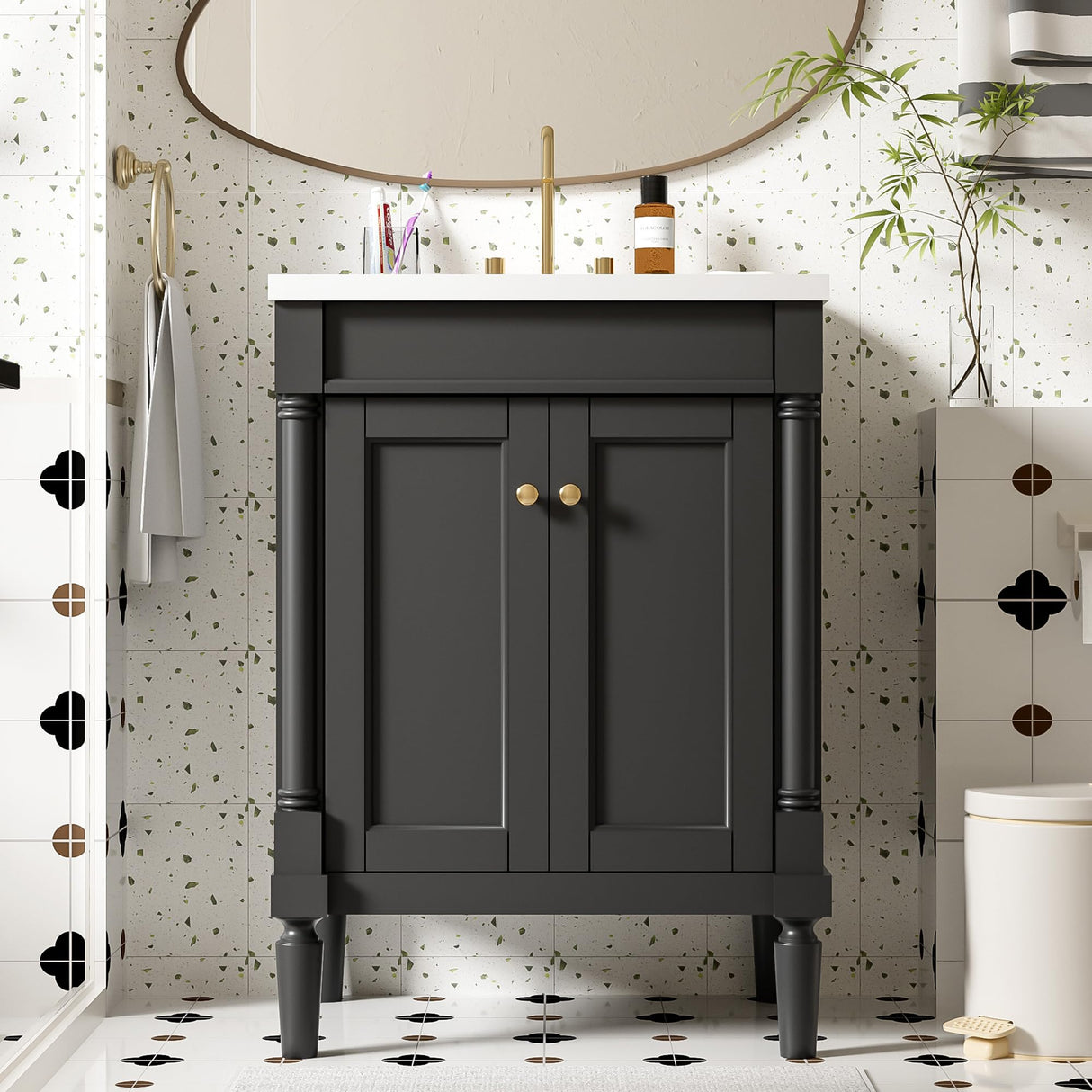 Merax 24” Bathroom Vanity with Sink, Powder Room Small Bathroom Vanity with 2-Door Cabinet, Undermount Sink, Solid Wood Frame Bathroom Storage Cabinet (Black) Merax