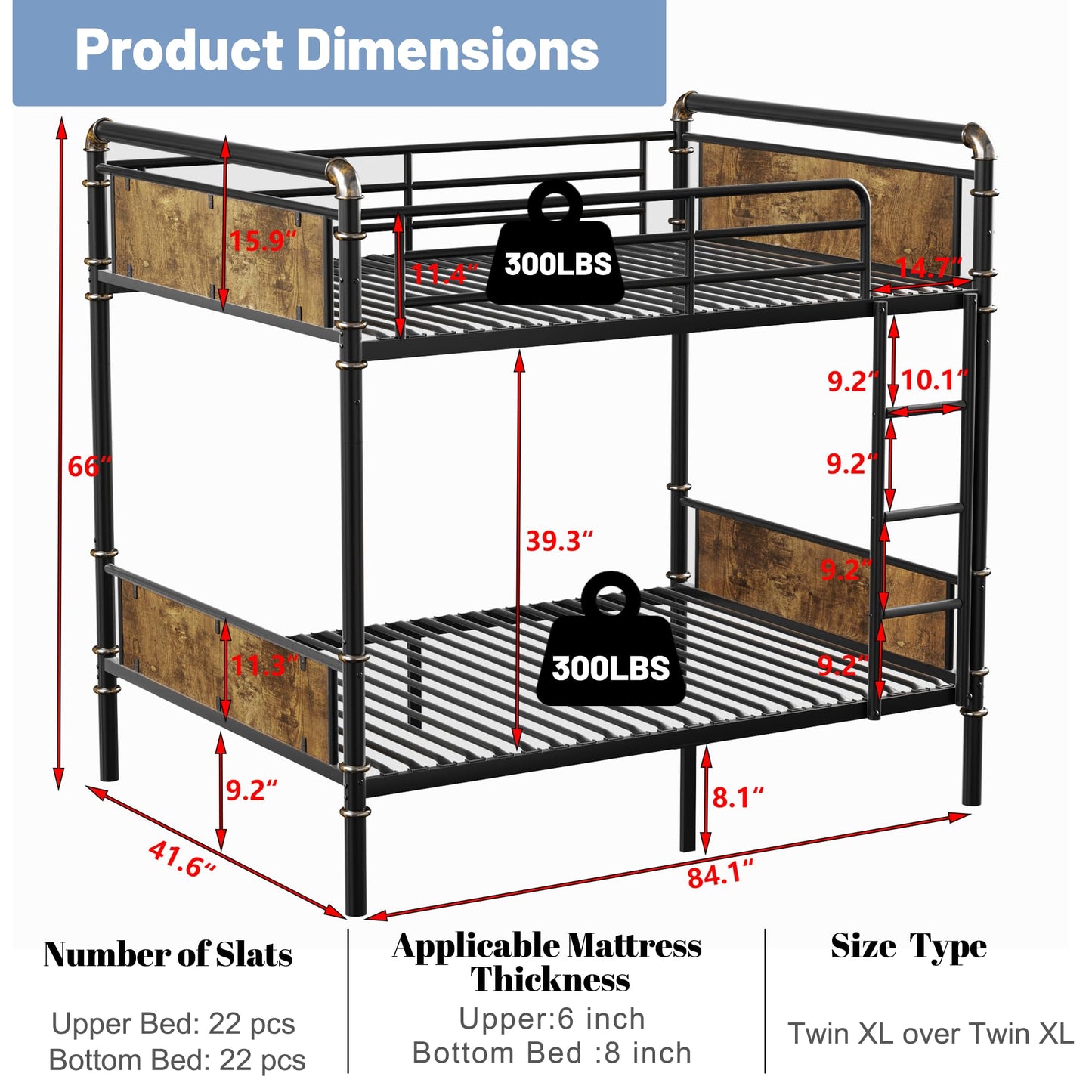 Twin XL over Twin XL Industrial Bunk Beds for Kids and Teens , Heavy-Duty 2 IN 1 Metal Convertible Bunk Bed with Ladder and Slats Support ,15.9" High Guard Rail,Space-Saving ,Noise Reduced,Black