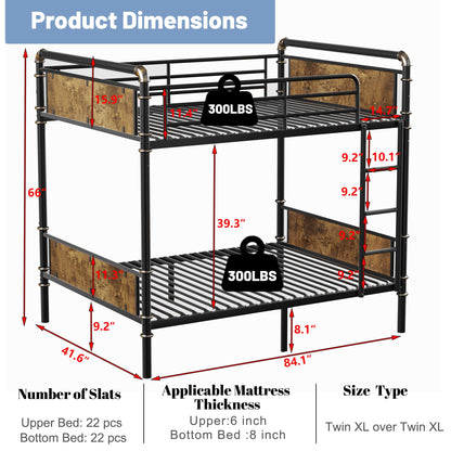 Twin XL over Twin XL Industrial Bunk Beds for Kids and Teens , Heavy-Duty 2 IN 1 Metal Convertible Bunk Bed with Ladder and Slats Support ,15.9" High Guard Rail,Space-Saving ,Noise Reduced,Black