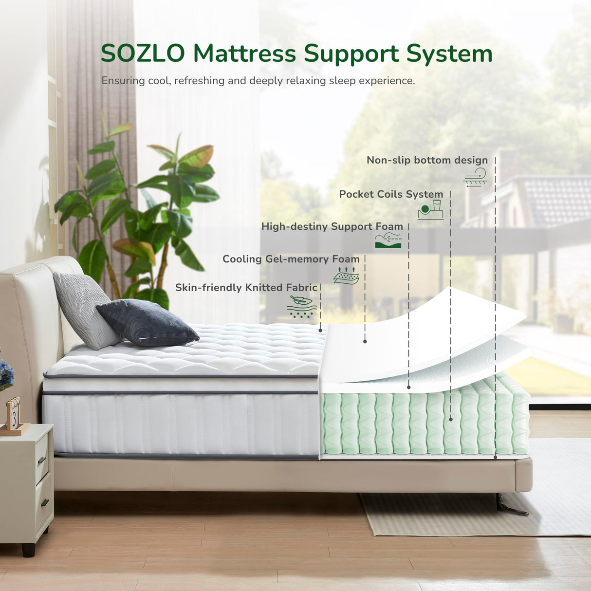 Sozlo Queen Size Mattress 14 Inch, Hybrid Mattress in a Box, Cooling Gel Memory Foam and Individual Pocket Springs, Motion Isolation & Edge Support, Medium Firmness for Pressure Relief Sozlo