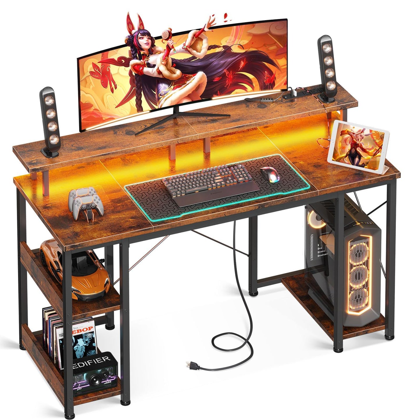 ODK 48 inch Gaming Desk with LED Lights & Power Outlets, Computer Desk with Monitor Stand & Storage Sheves, CPU Stand, Home Office Desk, Vintage - WoodArtSupply