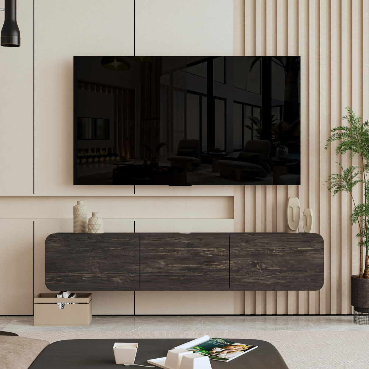 Atelier Mobili Floating Wall TV Stand, Floating Entertainment Center, Modern Floating Media Console, Floating TV Stand 65 inch for up to 80 inch TV and TV Stand Floating, Onesize, Black ATELIER MOBILI THE LEADER OF THE INTERCHANGEABLE FURNITURE