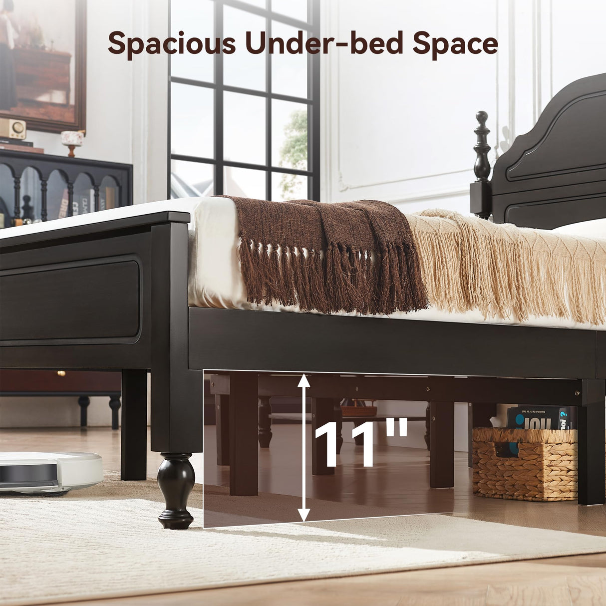 BedsPick Solid Wood Bed Frame Queen Size, Wooden Retro Style Queen Bed Frame with Headboard and Footboard, Heavy Duty Bed Frame with 12 Wood Slats Support,No Box Spring Needed,Noiseless, Dark Brown BedsPick