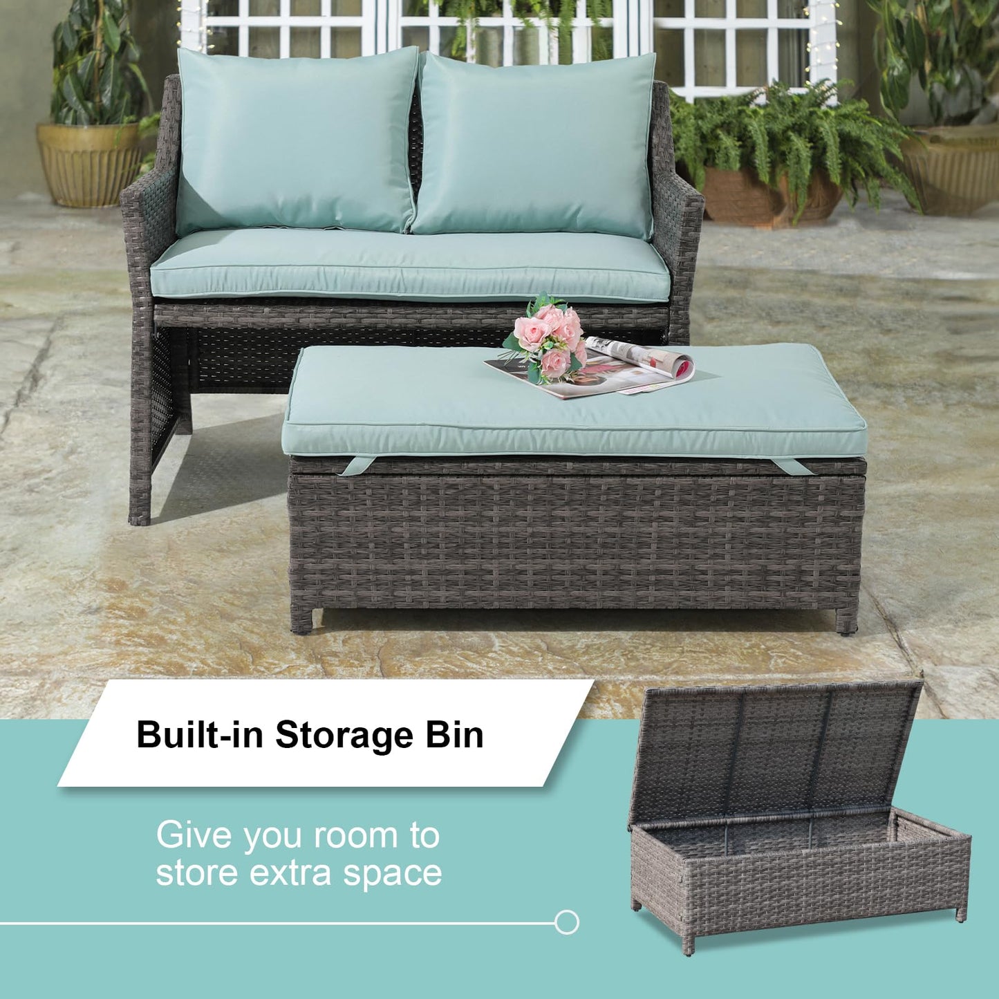 OC Orange-Casual 2-Piece Outdoor Patio Furniture Wicker Love-seat and Coffee Table Set, with Built-in Storage Bin, Grey Rattan, Green Cushions - WoodArtSupply