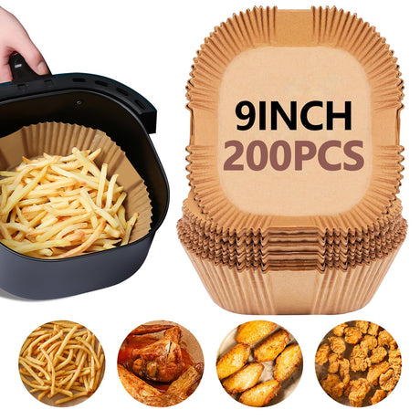 UBeesize 9 Inch Air Fryer Paper Liners,200 PCS Parchment Paper, Air Fryer Disposable Paper Liner for Microwave, Non-Stick Air Fryer Liners Square Free of Bleach（Bottom size 8 Inch） UBeesize