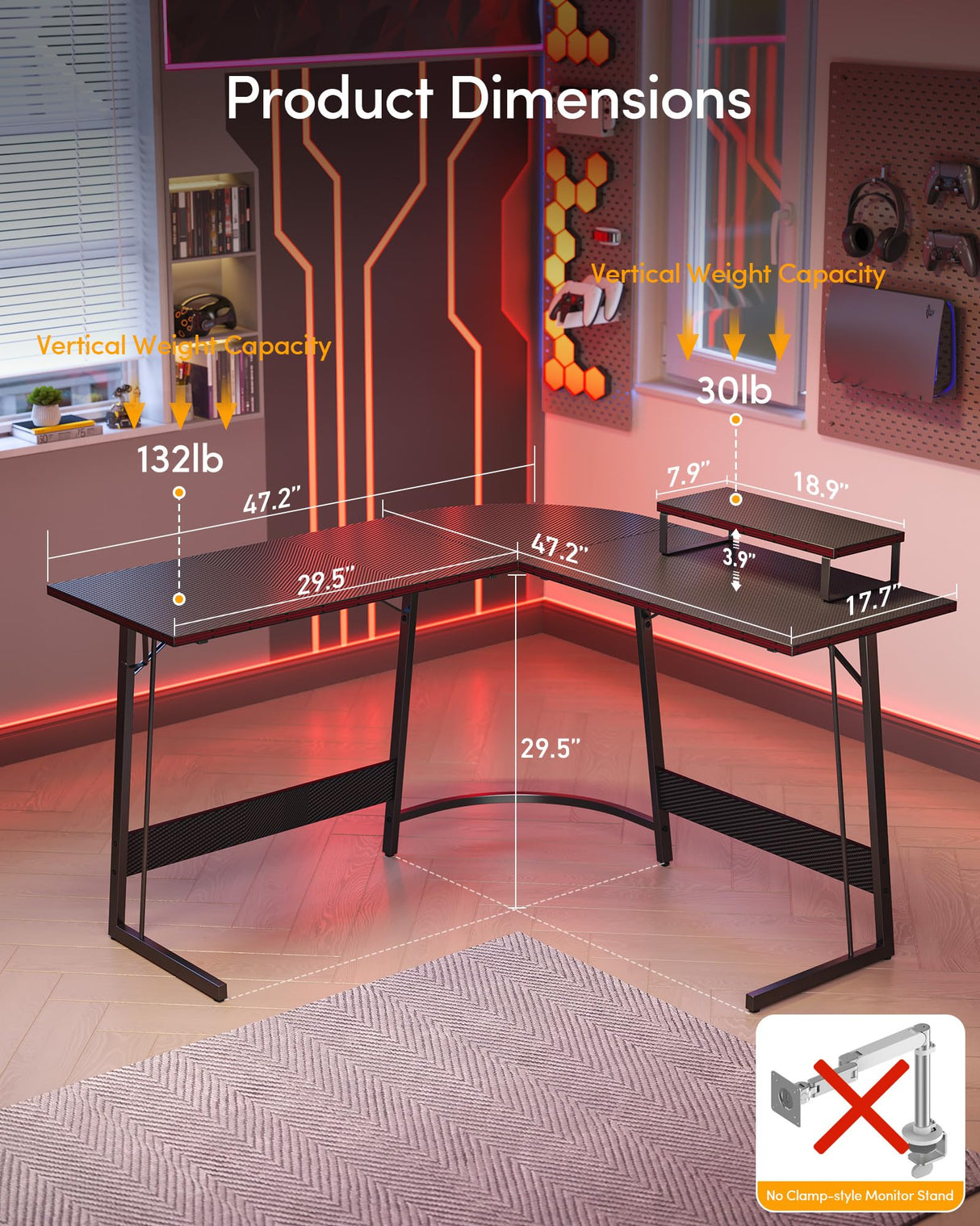 CubiCubi L Shaped Gaming Desk Computer Office Desk with Carbon Fiber Surface, 47 inch Corner Desk with Large Monitor Stand for Home Office Study Writing Workstation, Carbon Fiber Black CubiCubi