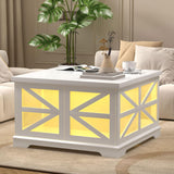 Farmhouse LED Coffee Table for Living Room, Modern Square Coffee Table with Storage, White Coffee Table Decor, Small Wood Coffee Table, Unique Coffee Cabinet for Office, Reception Room yesasin