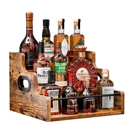 KLM Liquor Bottle Display Shelf, Coffee Syrup Rack Organizer, 3 Step Countertop Liquor Wine Rack, mini bar,liquor cabinet, Home Retro Bar Shelf Stand for Liquor Whiskey, Spirits - WoodArtSupply