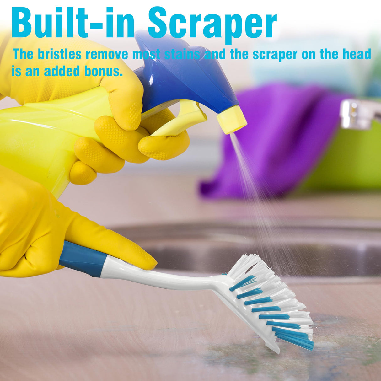 PHYEX 2-Pack Kitchen Diffusion Type Scrub Brush for Cleaning Dishes Pots Pan Sink and Bathroom with Comfortable Long Handle PHYEX