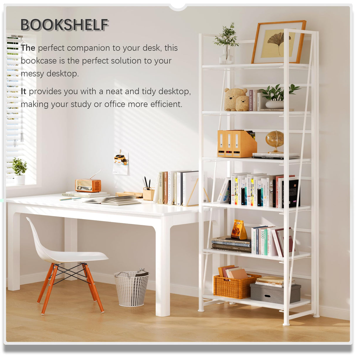 4NM No Assembly Folding Bookshelf, 6-Shelf 74" H Collapsible Foldable Bookcase Storage for Small Spaces, All White 4NM