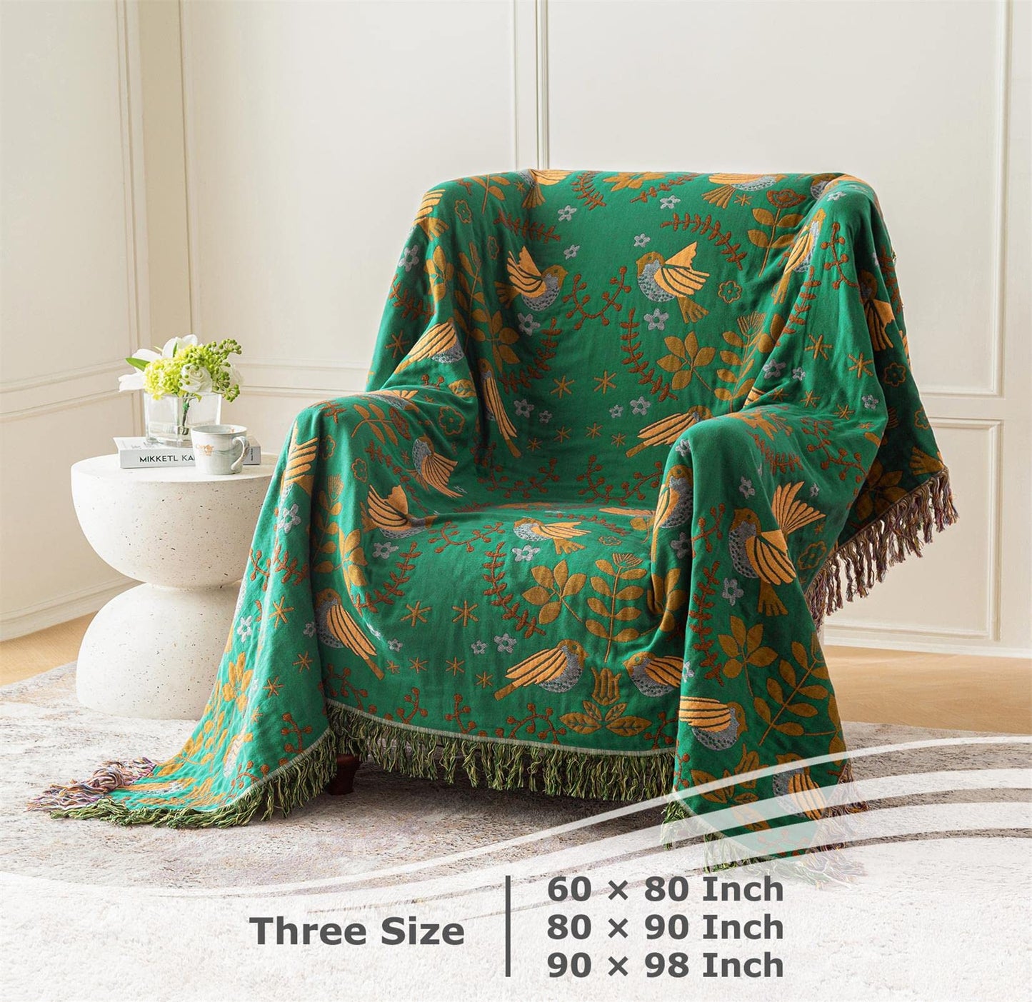 Boho Throw Blanket for Bed - 100% Cotton Ultra Soft Rustic Quilt Summer Blanket - Bird Floral Printed Farmhouse Decor Bed Blankets,60"×80" All Season Rustic Throw for Sofa Couch Chair - WoodArtSupply