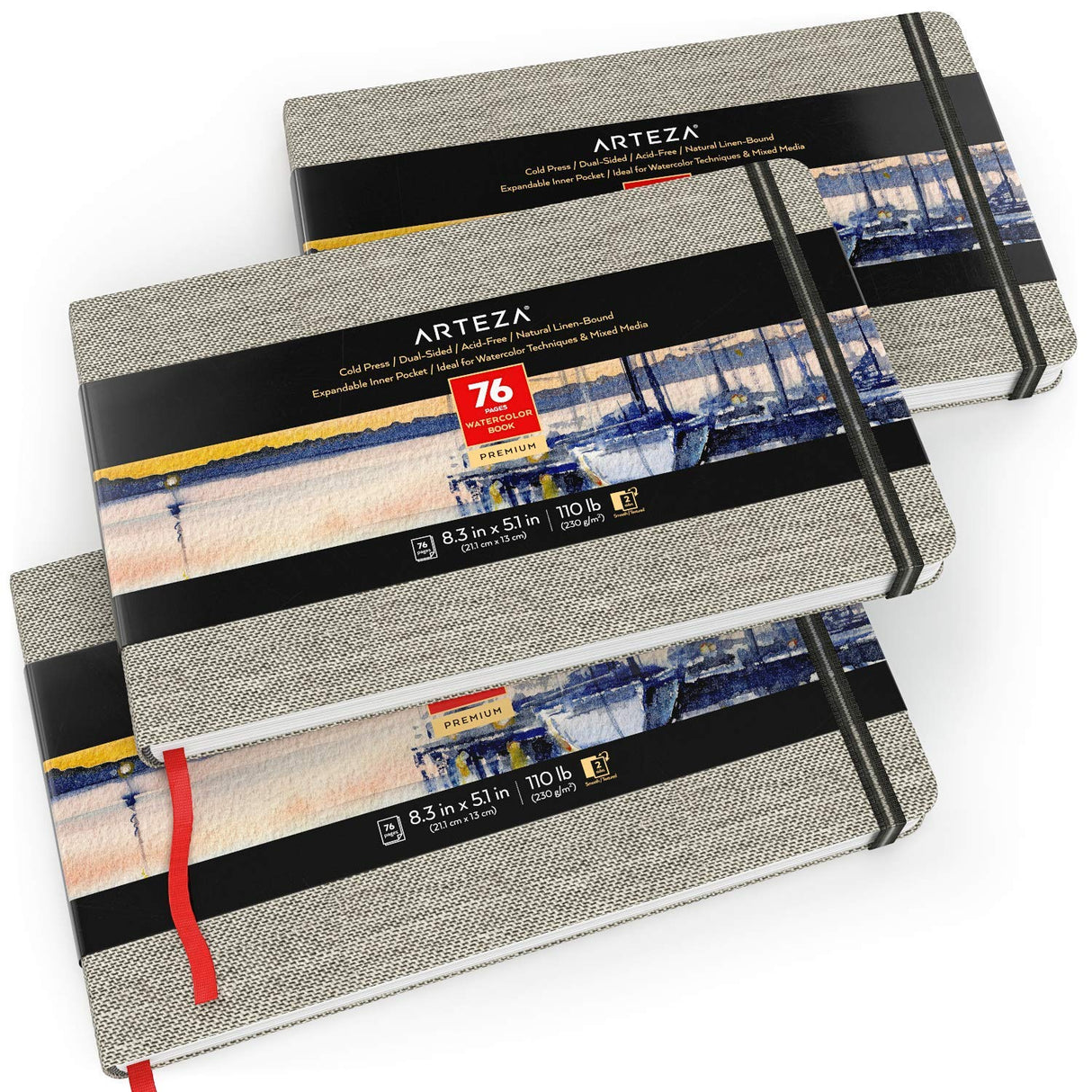 ARTEZA Watercolor Book, Pack of 3, 76 Pages Each, 5.1x8.3 Inch Watercolor Notebook, 110lb/230gsm Cold Pressed Water Pad ARTEZA