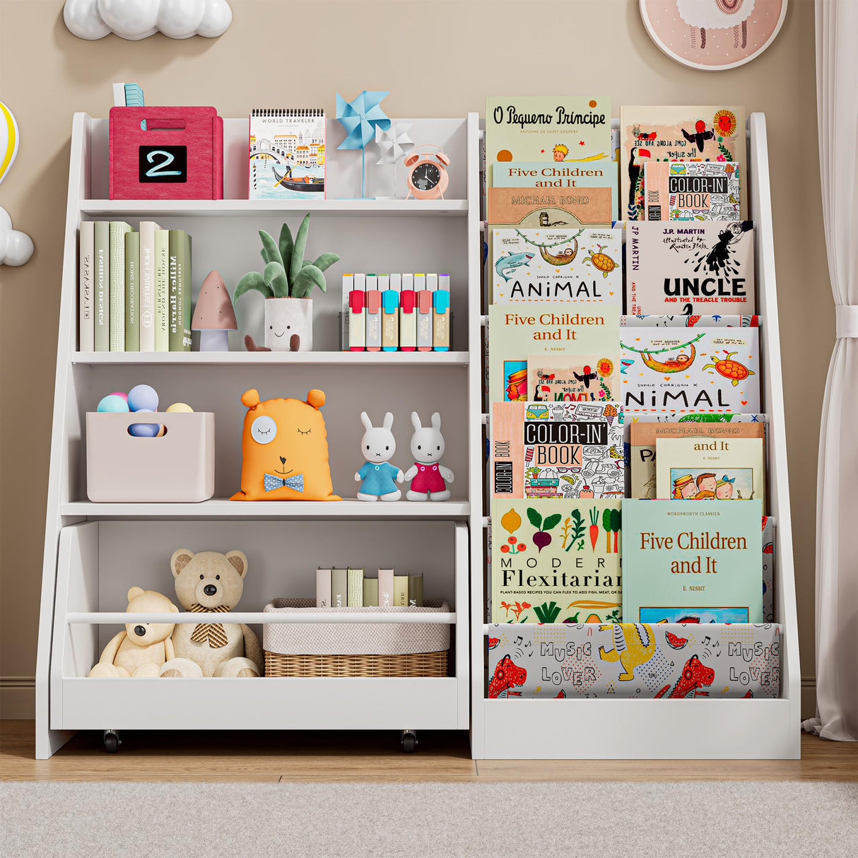 IRONCK Kids Bookshelf and Toy Storage, 42" Wide Large Toddler Bookshelf with Movable Drawer and 5 Sling Pockets, Montessori Book Shelf for Kids Rooms-White IRONCK