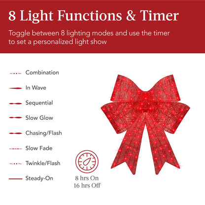 Best Choice Products 48in Pre-Lit Giant XL Christmas Bow Decoration, Large Outdoor LED Holiday Yard Décor w/ 200 Lights, 8 Light Functions, Timer, Hanging Hook - Red