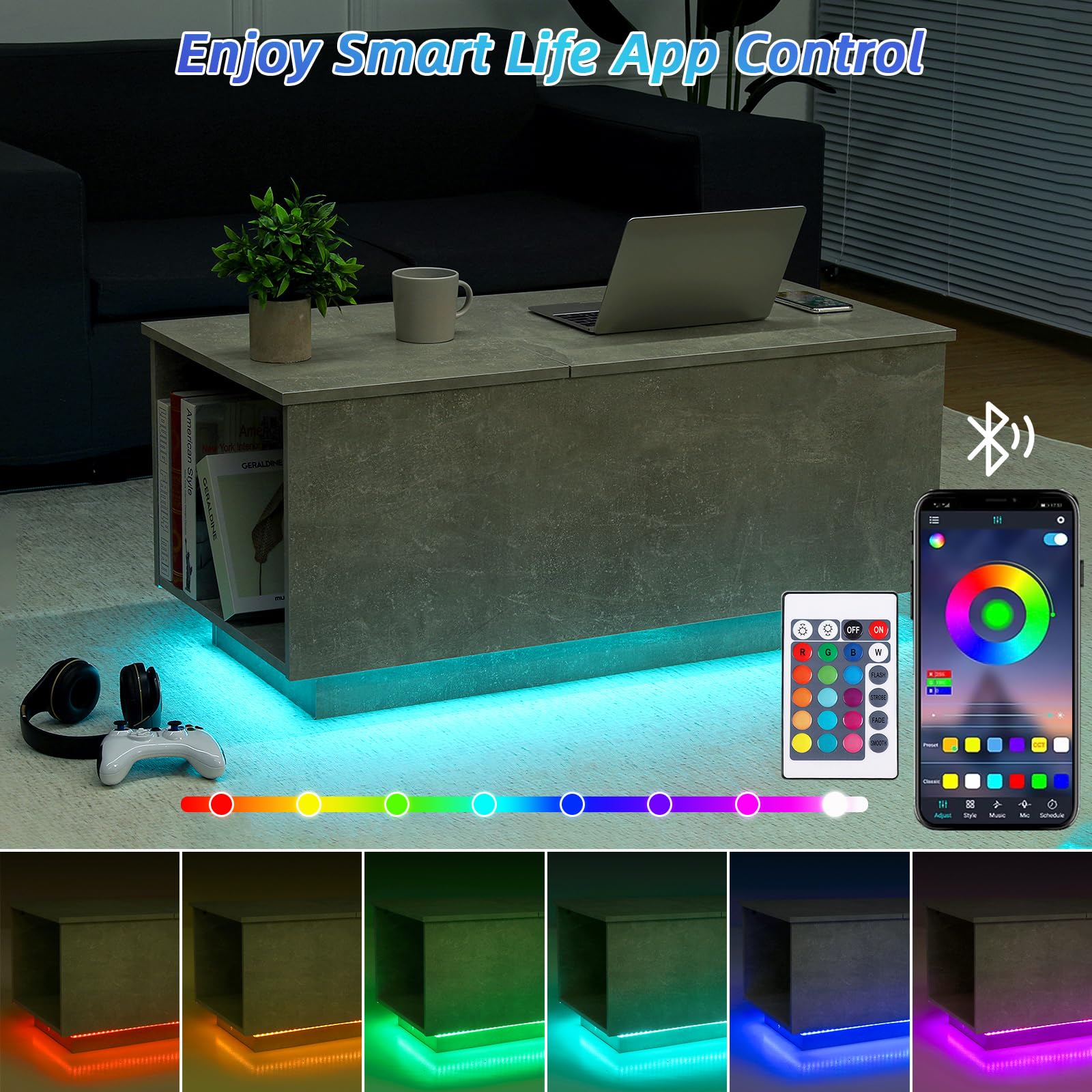 HOMMPA Lift Top Coffee Table with Charging Station Grey Led Coffee Table with Storage Hidden Compartment Modern Coffee Table with Lift Top Center Table with 16 Color LED Light for Living Room - WoodArtSupply